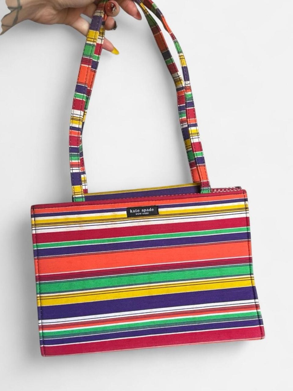 VTG Kate Spade Rainbow Striped Canvas Sam Box Shoulder Bag